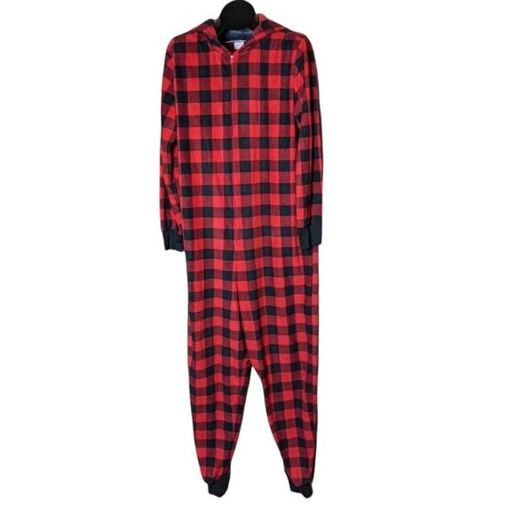 HOLIDAY TAILS Red Buffalo Plaid Zipper Hooded Onesie Pajamas Small Medium - Picture 1 of 6